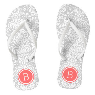 Grey and Coral Floral Damask Monogram Jandals