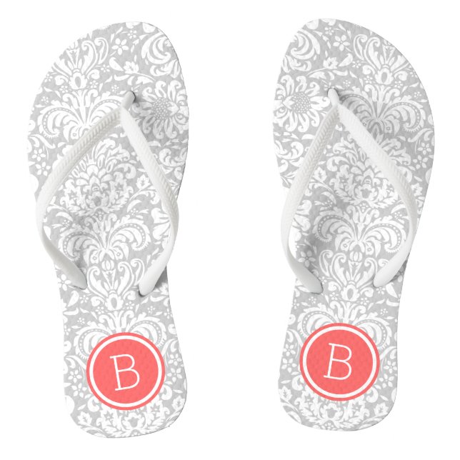 Grey and Coral Floral Damask Monogram Jandals (Footbed)