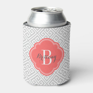 Grey and Coral Greek Key Monogram Can Cooler