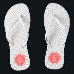 Grey and Coral Greek Key Monogram Jandals<br><div class="desc">Custom printed flip flop sandals with a stylish modern Greek key pattern and your custom monogram or other text in a circle frame. Click Customise It to change text fonts and colours or add your own images to create a unique one of a kind design!</div>