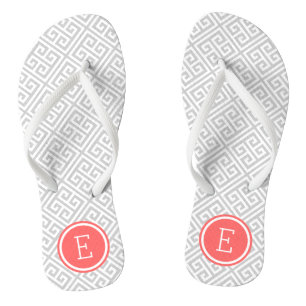 Grey and Coral Greek Key Monogram Jandals
