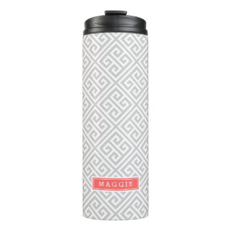 Grey and Coral Greek Key Monogram Thermal Tumbler