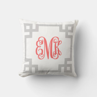 Grey and Coral Greek Key Script Monogram Cushion
