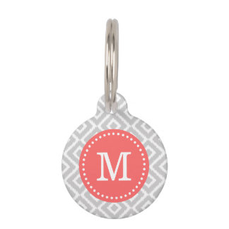 Grey and Coral Ikat Diamonds Monogram Pet Tag