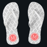 Grey and Coral Moroccan Quatrefoil Monogram Jandals<br><div class="desc">Custom printed flip flop sandals with a stylish Moroccan quatrefoil pattern and your custom monogram or other text in a circle frame. Click Customise It to change text fonts and colours or add your own images to create a unique one of a kind design!</div>