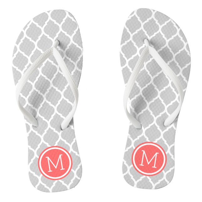 Grey and Coral Moroccan Quatrefoil Monogram Jandals (Footbed)