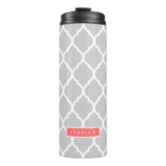 Grey and Coral Moroccan Quatrefoil Monogram Thermal Tumbler