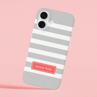 Grey and Coral Preppy Stripes Monogram iPhone 16 Case