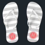 Grey and Coral Preppy Stripes Monogram Jandals<br><div class="desc">Custom printed flip flop sandals with a preppy nautical stripe pattern and your custom monogram or other text in a circle frame. Click Customise It to change text fonts and colours or add your own images to create a unique one of a kind design!</div>