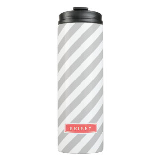 Grey and Coral Preppy Stripes Monogram Thermal Tumbler