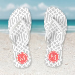 Grey and Coral Trellis Monogram<br><div class="desc">Custom printed flip flop sandals with a stylish modern trellis pattern and your custom monogram or other text in a circle frame. Click Customise It to change text fonts and colours or add your own images to create a unique one of a kind design!</div>