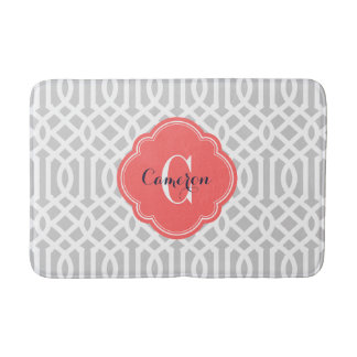 Grey and Coral Trellis Monogram Bath Mat