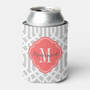 Grey and Coral Trellis Monogram Can Cooler