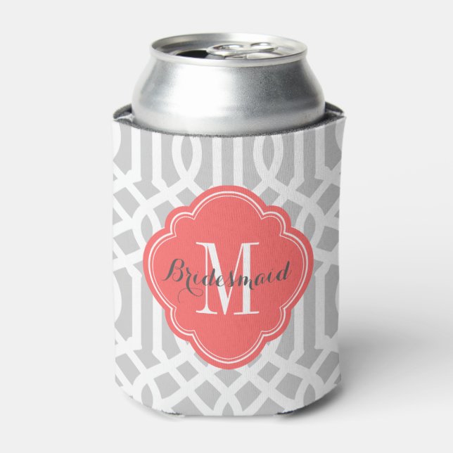 Grey and Coral Trellis Monogram Can Cooler (Can Front)