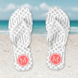 Grey and Coral Trellis Monogram Jandals<br><div class="desc">Custom printed flip flop sandals with a stylish modern trellis pattern and your custom monogram or other text in a circle frame. Click Customise It to change text fonts and colours or add your own images to create a unique one of a kind design!</div>
