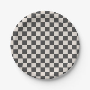 Grey and Cream Checkerboard Party Paper Plate