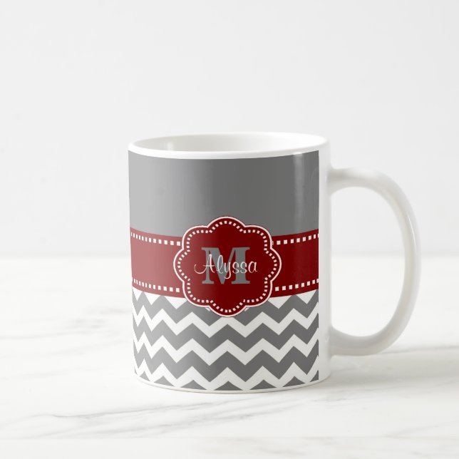 Grey and Dark Red Chevron Personalised Mug (Right)
