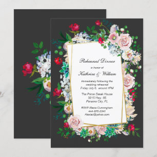 Grey and Floral Frame Wedding Rehearsal Dinner Invitation