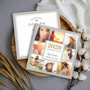 Grey and Gold   8 Photo Square Graduation Party Announcement