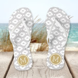 Grey and Gold Aztec Monogram Jandals<br><div class="desc">Custom printed flip flop sandals with a geometric Aztec pattern and your custom monogram or other text in a circle frame. Click Customise It to change text fonts and colours or add your own images to create a unique one of a kind design!</div>