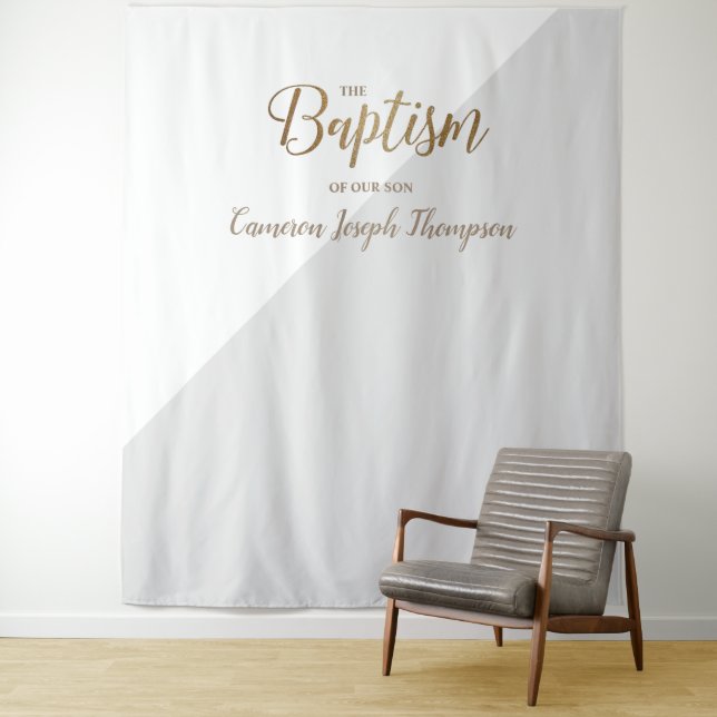 Grey and Gold baby boy modern Baptism backdrop Tapestry (In Situ)