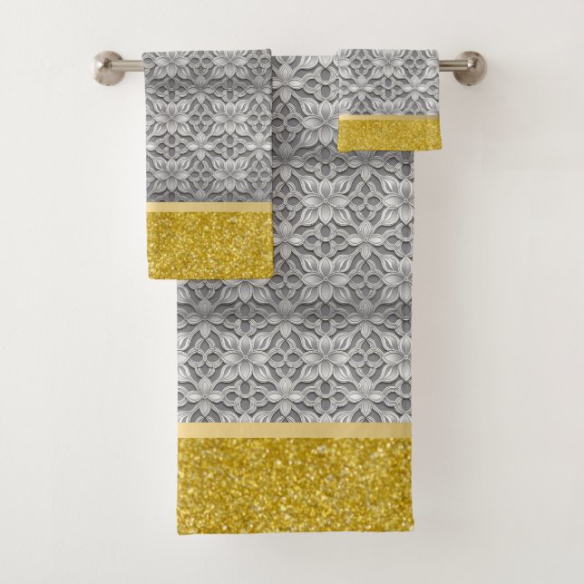Grey and Gold Elegant Abstract Bath Towel Set (Insitu)
