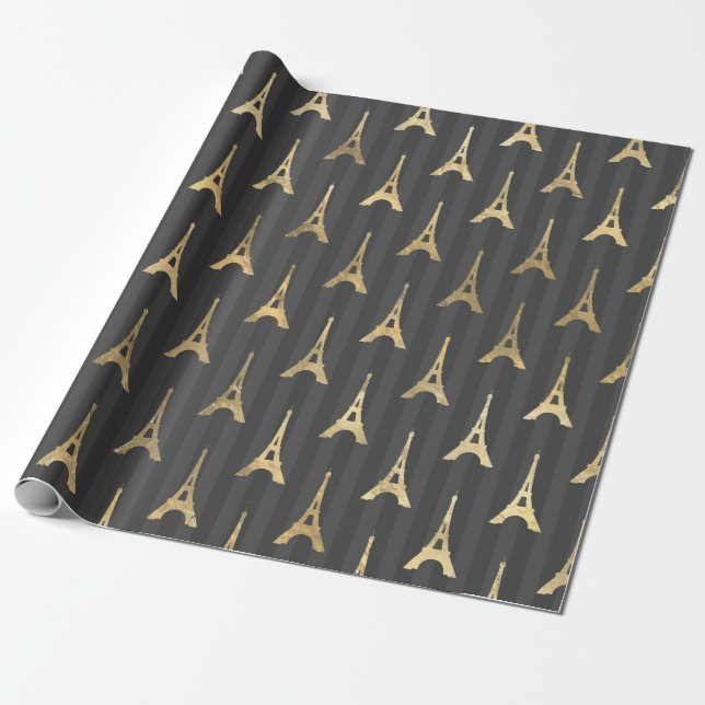 Grey and Gold Foil Paris Eiffel Tower Wrapping Paper (Unrolled)