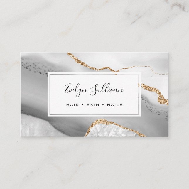 grey and gold glitter agate business card (Front)