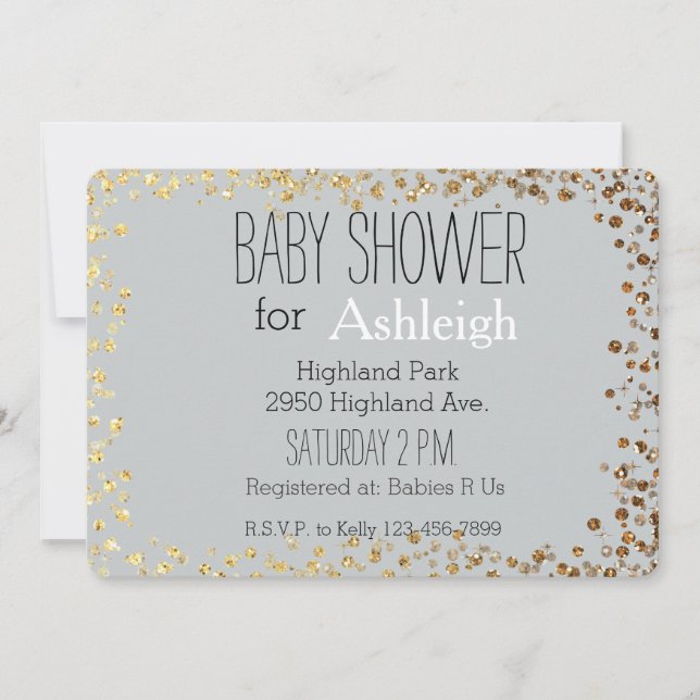 Grey and Gold Glitter Bokeh baby shower Invitation (Front)