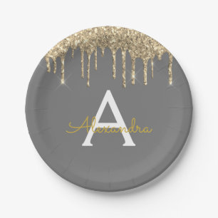 Grey and Gold Glitter Monogram Birthday Paper Plate