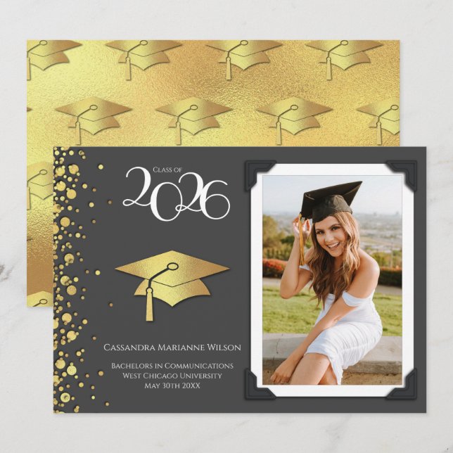 Grey and Gold Graduation Announcement (Front/Back)