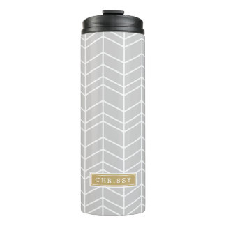 Grey and Gold Herringbone Monogram Thermal Tumbler