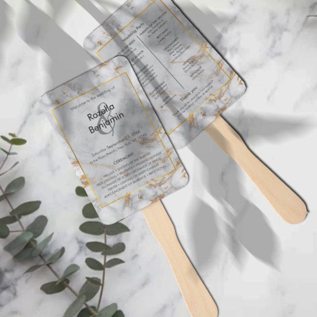 Grey and Gold Marble Agate Elegant Wedding Program Hand Fan (Creator Uploaded)