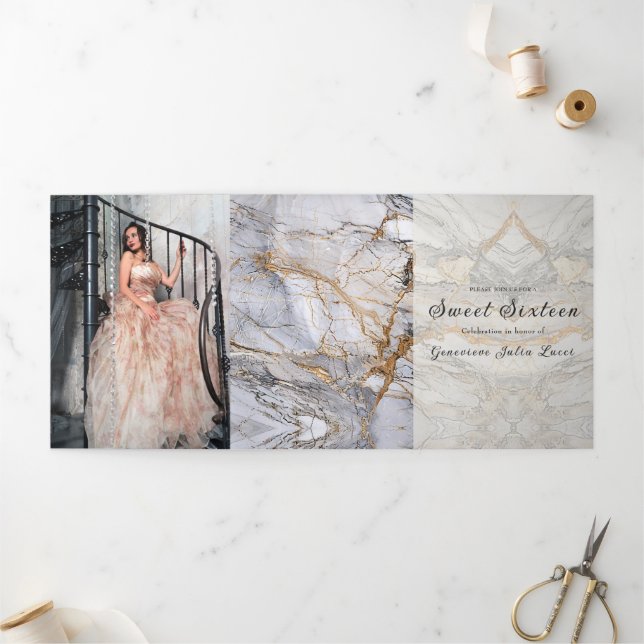 Grey and Gold Marble Sweet 16 Party Invitation (Outside)