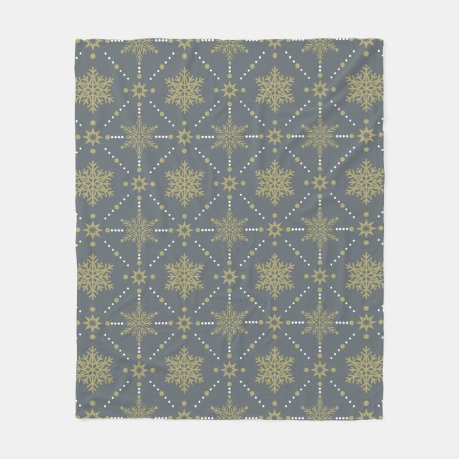 Grey and Gold Snowflakes Christmas Pattern Fleece Blanket (Front)