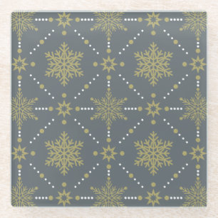 Grey and Gold Snowflakes Christmas Pattern Glass Coaster