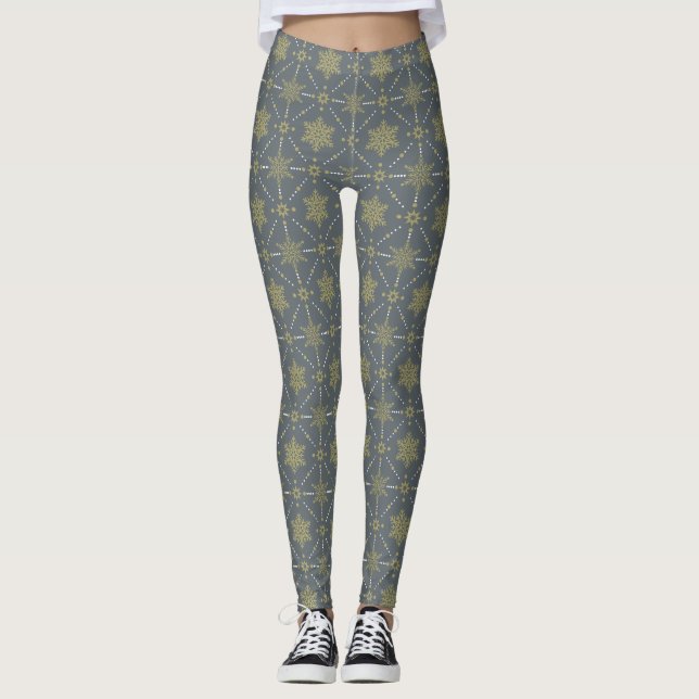 Grey and Gold Snowflakes Christmas Pattern Leggings (Front)