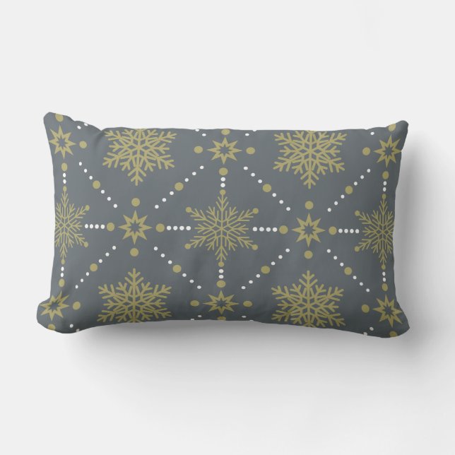 Grey and Gold Snowflakes Christmas Pattern Lumbar Cushion (Front)
