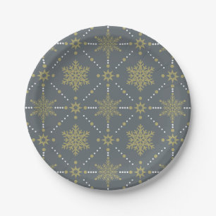 Grey and Gold Snowflakes Christmas Pattern Paper Plate