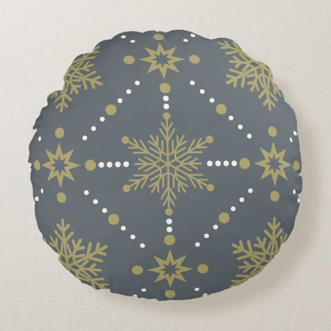 Grey and Gold Snowflakes Christmas Pattern Round Cushion (Front)