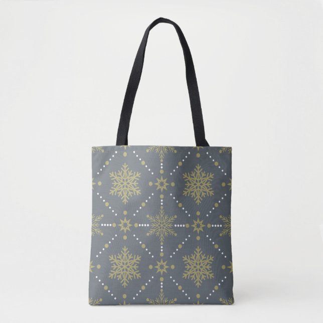 Grey and Gold Snowflakes Christmas Pattern Tote Bag (Front)