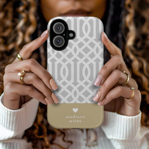Grey and Gold Trellis Heart Monogram iPhone 16 Case