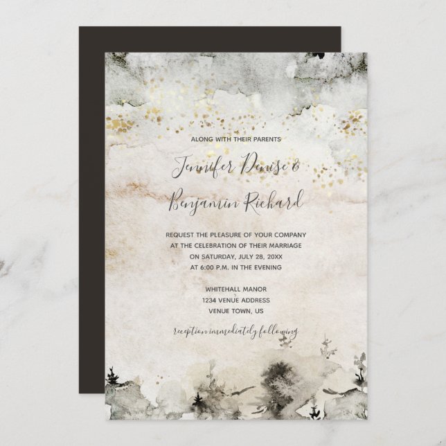 Grey and Gold Watercolor Alpine Mountain Wedding | Invitation (Front/Back)