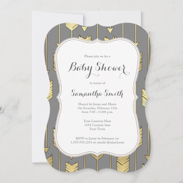 Grey and Golden Arrows Baby Shower Invitation (Front)