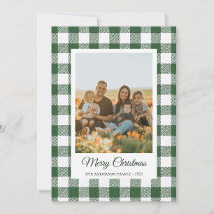 Grey and green buffalo plaid photo Holiday Card