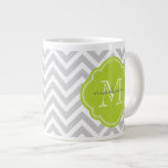 Grey and Green Chevron Custom Monogram Large Coffee Mug<br><div class="desc">Cute girly preppy chic zigzag chevron pattern with custom monogram name and initial in a quatrefoil frame. Adorable and unique personalised gifts! Click Customise It to change monogram fonts and colours for a unique one of a kind design.</div>