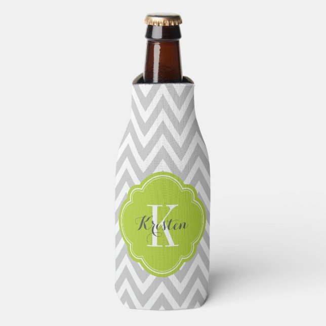Grey and Green Chevron Monogram Bottle Cooler (Bottle Front)