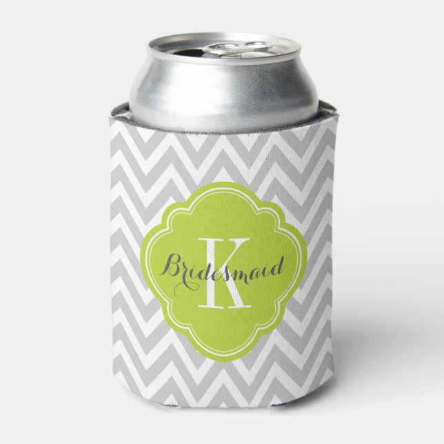Grey and Green Chevron Monogram Can Cooler (Can Front)