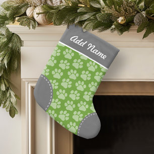 Grey and Green Dog Paw Print Pattern Custom Name Small Christmas Stocking
