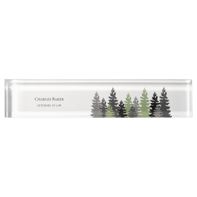 Grey and Green Evergreen Trees Elegant and Rustic Nameplate (Front)